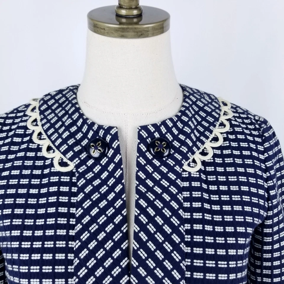 Chaqueta Blazer Recortada Trina Turk Talla 0 Azul Blanco Forrada Geométrica Manga 3/4 Foto 4 de 4