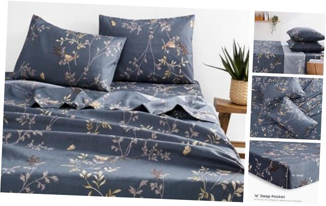 - Floral Bed Sheets, 4-Piece Sheet Set, Vintage Flower Birds Full Dark Gray-image