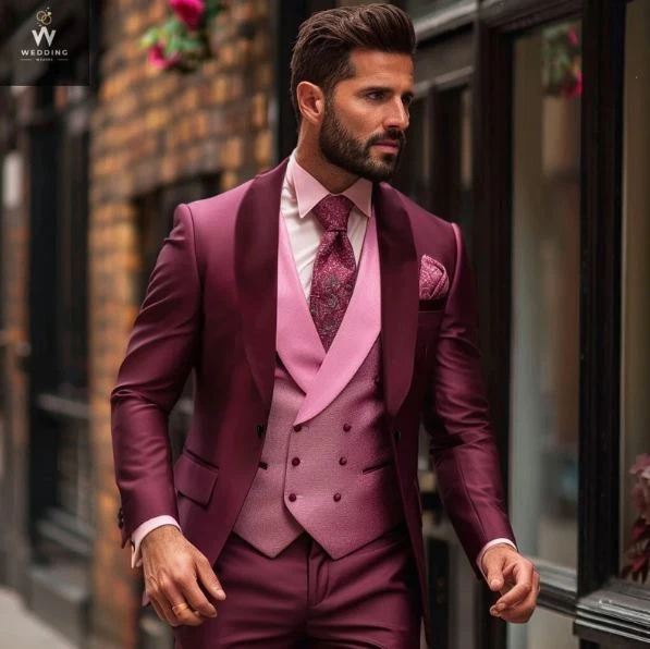 Men's Burgundy 3-Piece Suit – Custom Pink Bespoke Wedding Attire, Tailored Suits