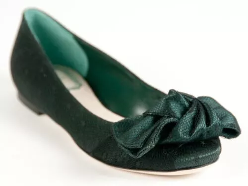 Chaussures ballerines supérieures satin vert foncé Christian Dior 35 US 5 neuves