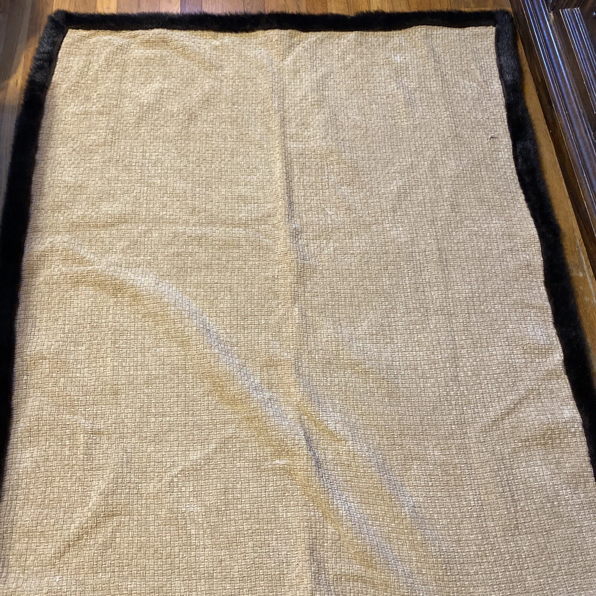 Pottery Barn Tan Chenille Throw Blanket Brown Faux Fur Trim 50