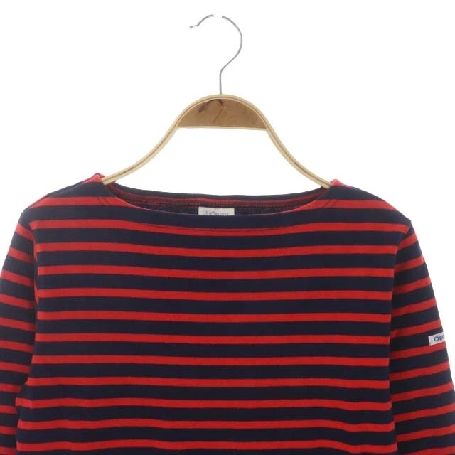 Orchibal Orcival Cut Sew Border Long Sleeve Pullover Boat Neck Red