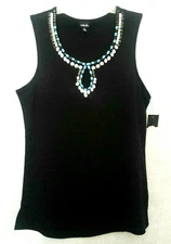 RAFELLA SZ. SM. TURQUOISE , SILVER AND WHITE EMBELLISHED  BLACK TANK TOP
