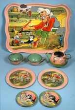 1939 Walt Disney Pinocchio Tea Grouping Ohio Art Tin Litho Jiminy Blue Fairy