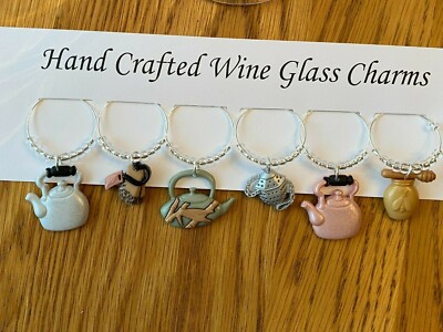 ''TEA   TIME'' SET OF 6 HAND CRAFTED WINE GLASS CHARMS