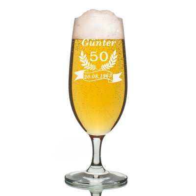 Leonardo Pilsglas Biertulpe Motiv Gravur Jubiläum Ährenkranz Banner bierglas