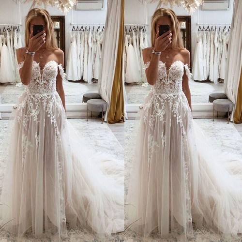 Boho Wedding Dresses Off The Shoulder Corset Lace Appliques Beach Bridal Gowns - Picture 9 of 9