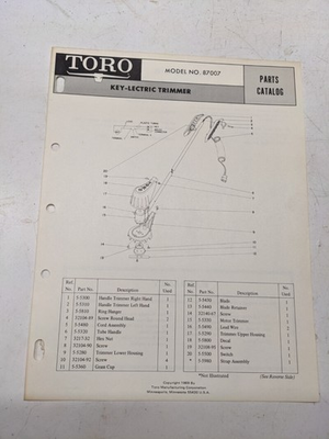 #ad TORO PARTS CATALOG LIST BOOK MANUAL KEY LECTRIC TRIMMER 1969 87007 $14.24