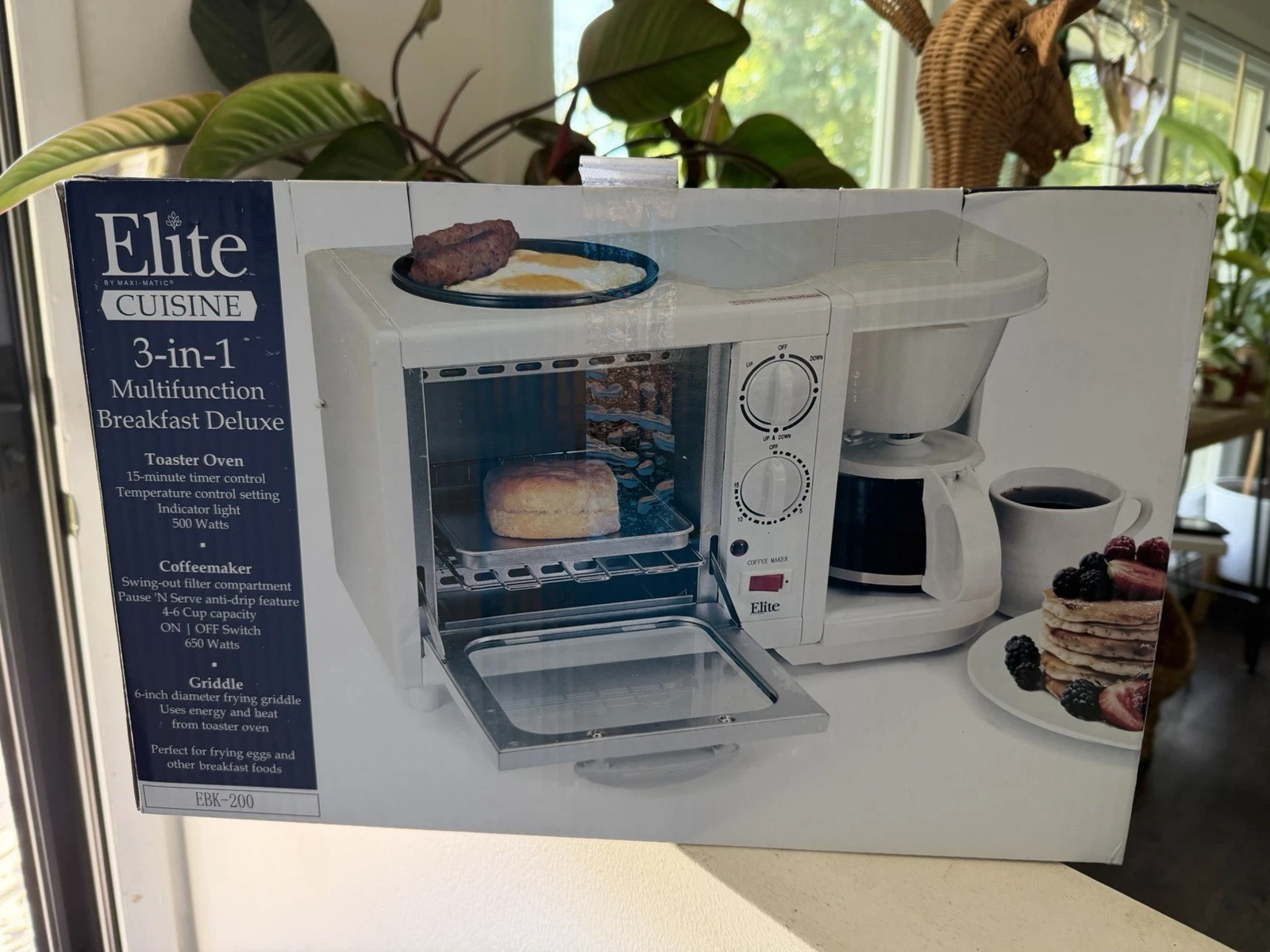 Elite Cuisine Breakfast Deluxe 3 in 1 Toaster Oven Coffee Griddle EBK-200B New