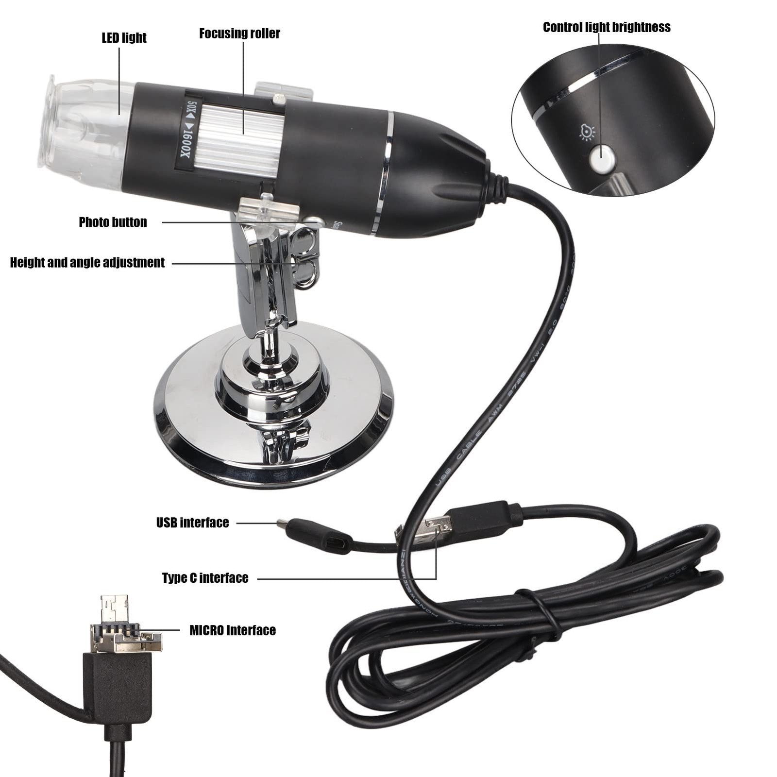 High Magnification Endoscope Microscope 50x-1600x with 8 LED Lights, 3 in 1 U...