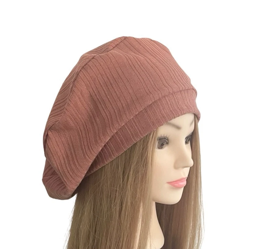 Soft slouchy beret Unlined pink knit jersey tam hat Hair loss chemo head cover