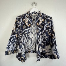 Chico's Womens Cotton Linen Blend Ikat Print Open Front Jacket Size 3 Blue