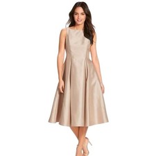 Adrianna Papell Champagne Satin Dress Size 14W Tea Length Pleated Classy Elegant