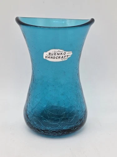 Vintage Blenko CM4 Mini Crackle Vase Turquoise Teal 5" With Sticker Vtg Glass