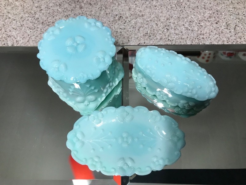 Fostoria aqua milkglass powder box trinket box pin tray 1950's