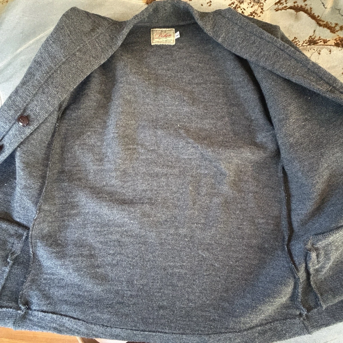Cárdigan Suéter Dehen 1920 L Gris Jaspeado 100% Lana Hecho en EE. UU.
