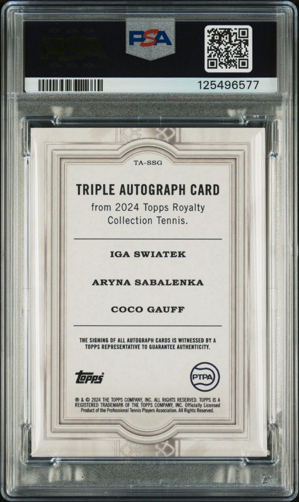 Iga Swiatek Aryna Sabalenka Coco Gauff 2024 Topps Royalty Triple Auto /25 PSA 9 view 2
