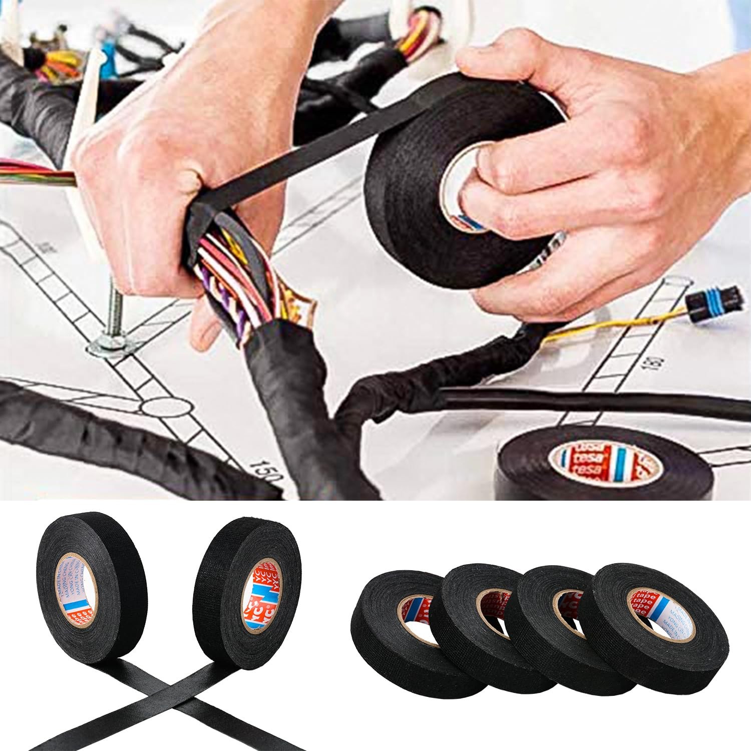 2 Rolls Black Wire Harness Cloth Tape, Speaker Wiring Harness Cloth Tape, for Au