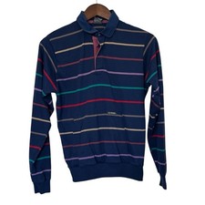 Vtg 80s Le Tigre Mens Small Striped Blue Long Sleeve Polo Shirt Pocket Snap USA