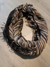 Apt 9 Lightweight Infinity Loop Scarf Dark Brown Cream Tan Striped Fringe 29x68"