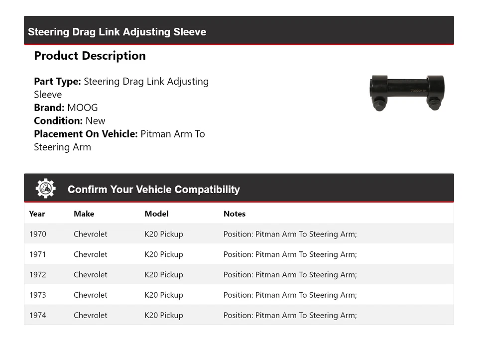 Manguito de ajuste de enlace de arrastre de dirección MOOG 1970 para camioneta Chevrolet K20 1970-1974 Foto 2 de 4