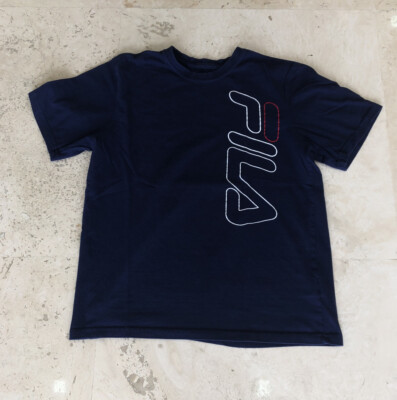 FILA Men's T-Shirt Stacked Logos Retro Sporty Style Crewneck Cotton Navy  Size M