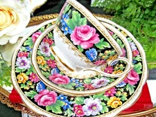 ROSLYN tea cup and saucer pink rose Black Velvet teacup trio England 40s chintz 