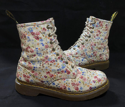 Damen Dr Martens 1460 Weiß Blumenmuster Leder 8 Loch Stiefel Größe UK 5 38