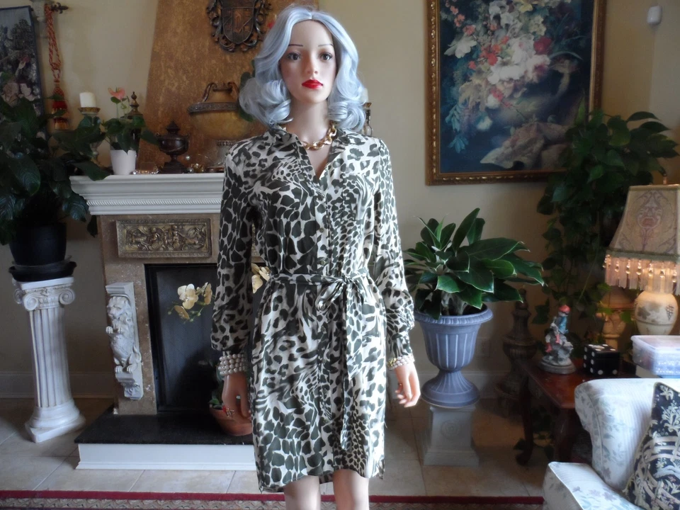 Vestido Camisa Diane Von Furstenberg 100% Seda Verde Salvia/Crema Estampado Talla 0 Foto 2 de 4