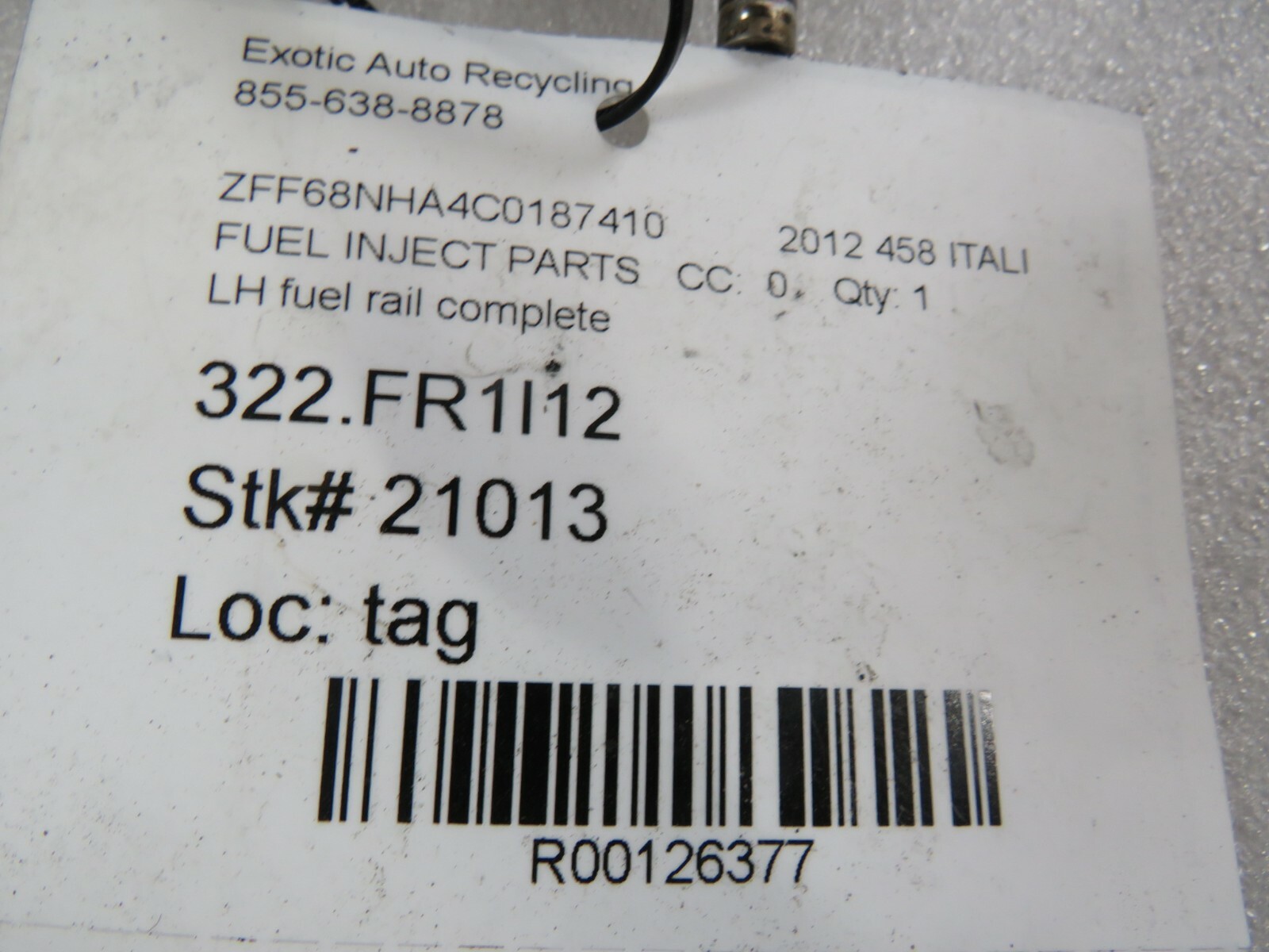 Ferrari 458 Italia, Spider, Fuel Rail w/ Injectors, Used, P/N 250777