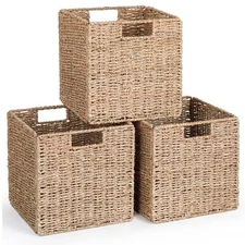 Cube Seagrass Storage Baskets 12x12x12in Wicker Storage Baskets For Shelves Fold