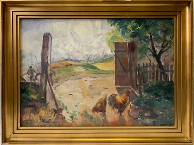 Ölbild Hjalmar Kragh-Pedersen Hofeinfahrt mit Hahn und Huhn 56 x 74,8 cm - Bild 1 von 4