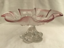 Bonbon dish on pedestal, blush pink, scalloped edge & base, hand-blown vintage