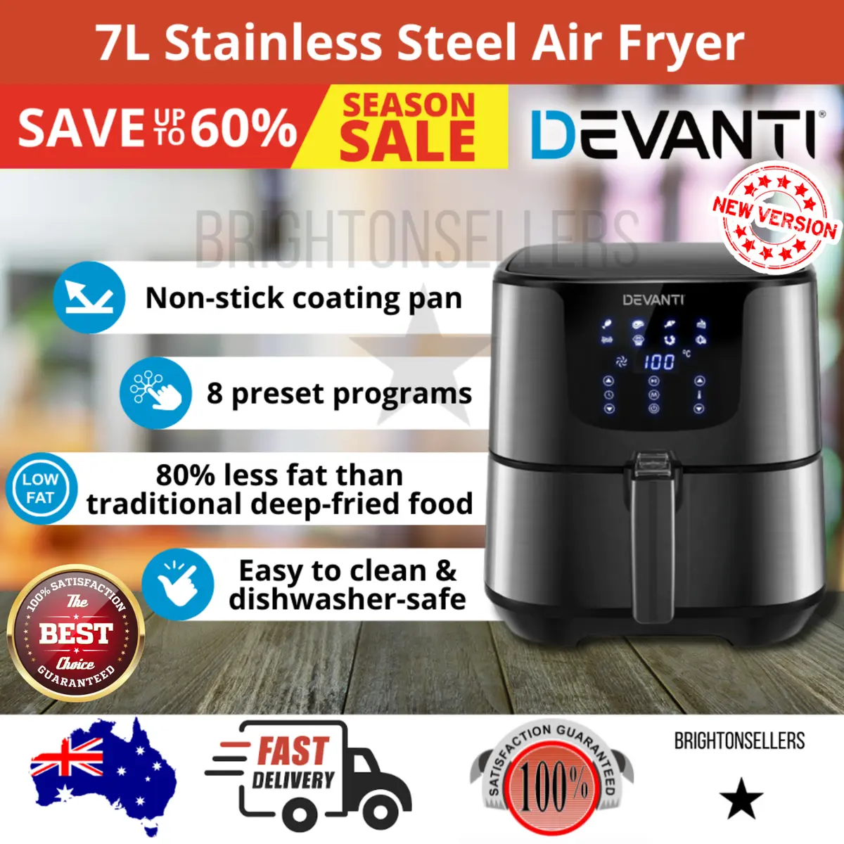 Devanti Air Fryer 7L LCD Fryers Oven Airfryer Stainless Steel Black