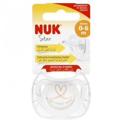 4008600442424 NUK Smoczek uspokajający silikonowy 0-6m Star biały 10730717 NUK