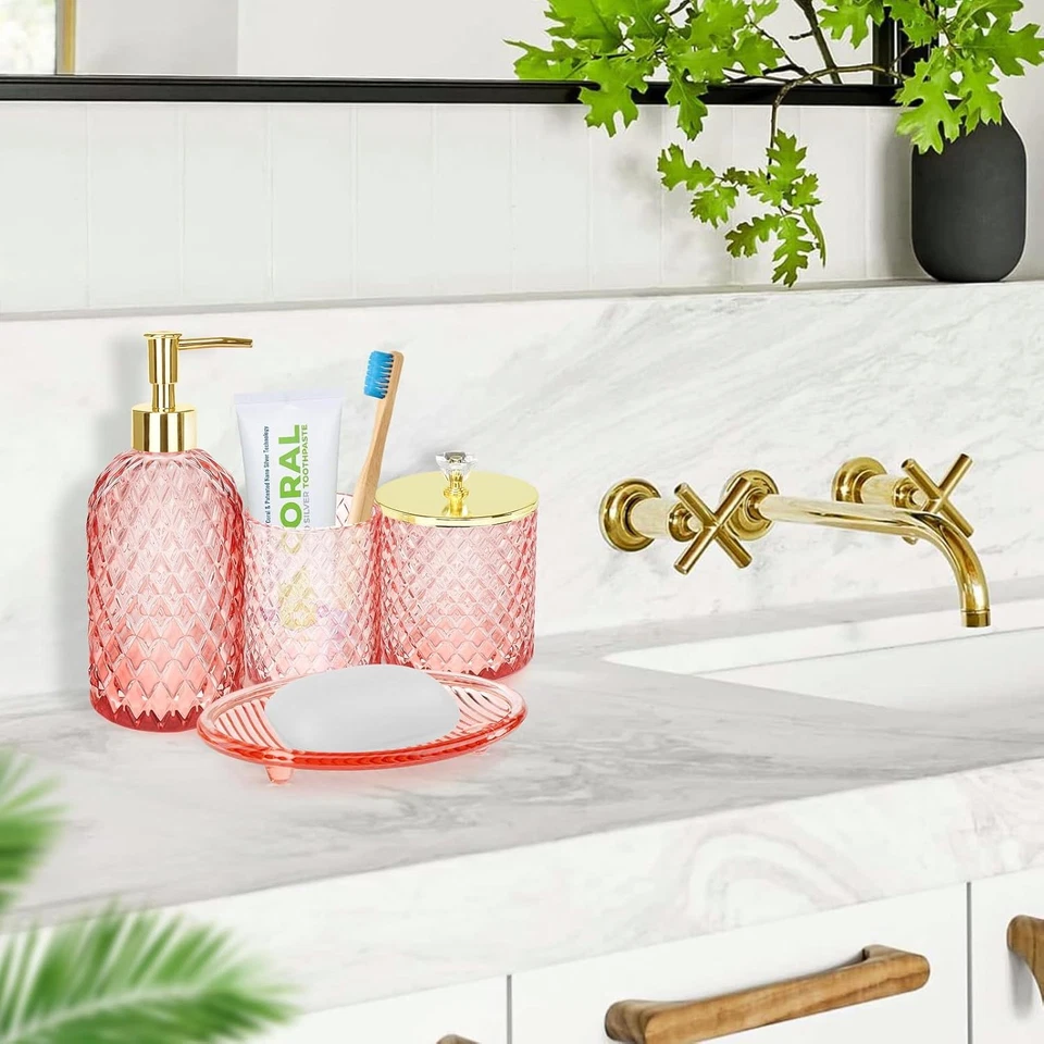 Pink Bathroom Accessories Set,4 Pcs Glass Bathroom Accessory Set Complete w/Soap - Image 2 of 4