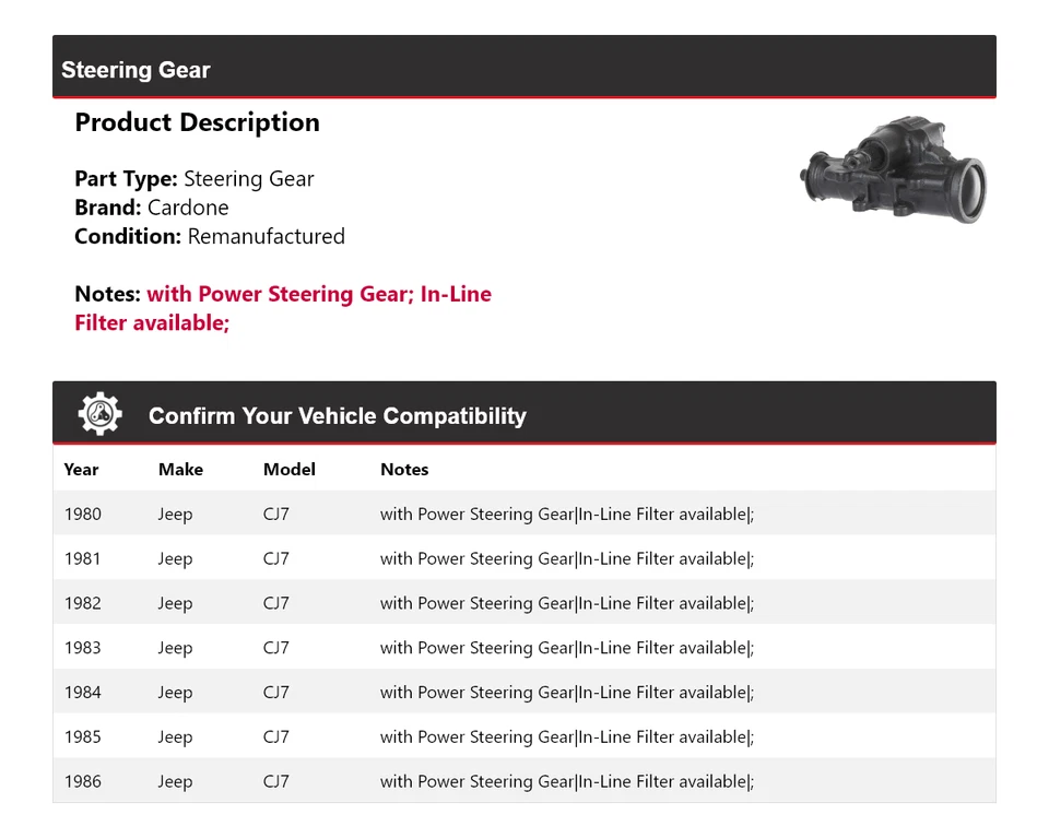 适用于 1980 - 1986 年吉普 CJ7 转向齿轮 Cardone 1981 1982 1983 1984 1985 — 第 2/4 张图片