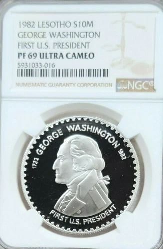 1982 LESOTHO SILVER 10 MALOTI GEORGE WASHINGTON NGC PF 69 ULTRA CAMEO TOP POP !