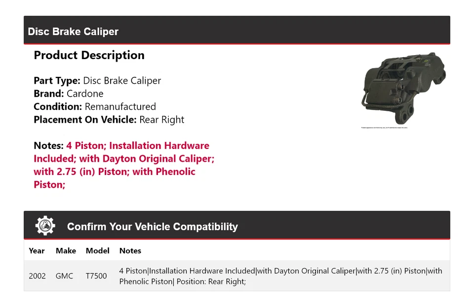 Pinza de freno de disco trasera derecha Cardone GMC T7500 2002 Foto 2 de 4