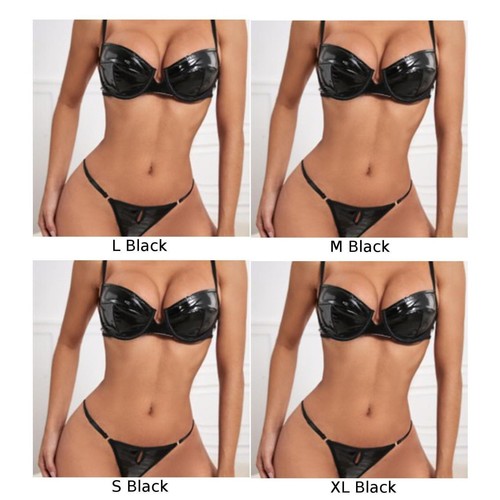 Lady Bra Set Party Patent Leather Sexy Thong Underwear Wet Look Womens - Picture 9 of 17