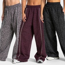 Women's Leopard Print Wide Leg Hip Hop Palazzo Baggy Pants Low Waist Sweatpants