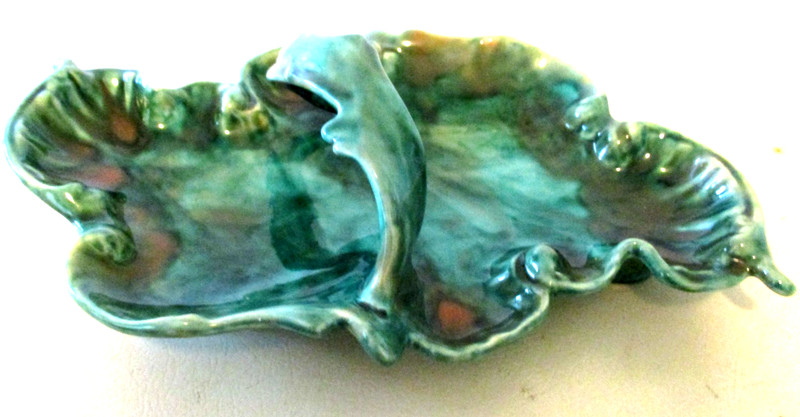Vintage 1960's Handmade Ceramic Green Dish With Handle Table Decor