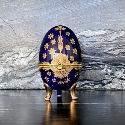 Vintage Imperial Porzellan Ei Schmuckschatulle Kobaltblau Gold Klappfuß