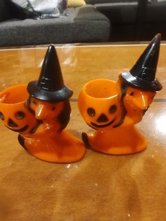 Vintage Pair ROSBRO 1950’s Plastic Halloween Witch Pumpkin Candy Containers