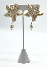 J Crew Raffia Starfish Statement Dangle Earrings White Faux Pearl Drop NIP