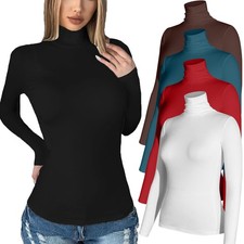 Women Basic Soft High Turtleneck Fitted Tank Top Shirt Long Sleeves Neck Tops