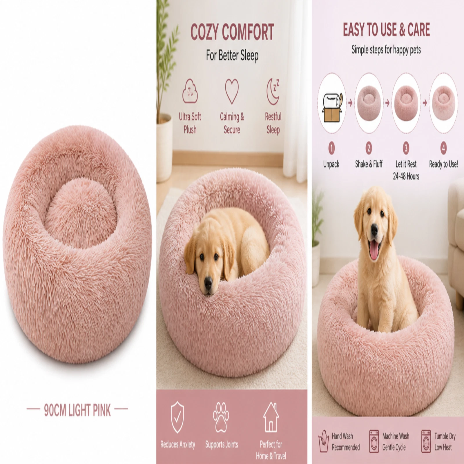 Dog Bed Donut Soft Large Plush Cat Beds For Calming Pet Anti Anxiety Washable xl