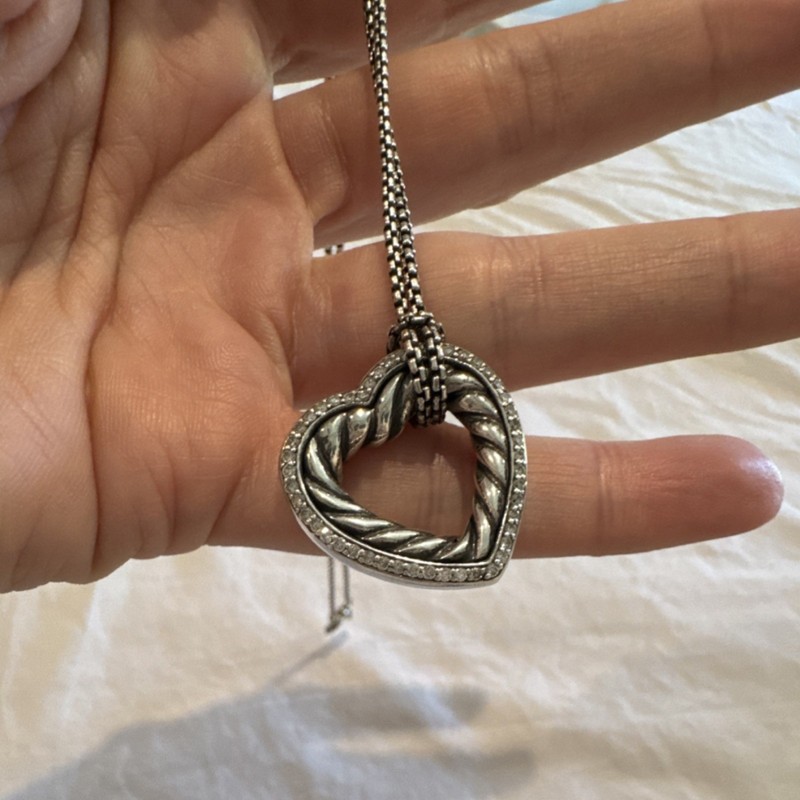 David Yurman Sterling Silver Heart Pendant Necklace Box Chain 925