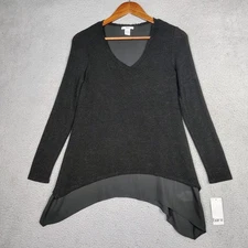 Bar III Top Women's Small Deep Black Stretch Knit-Overlay Asymmetrical Hem NWT