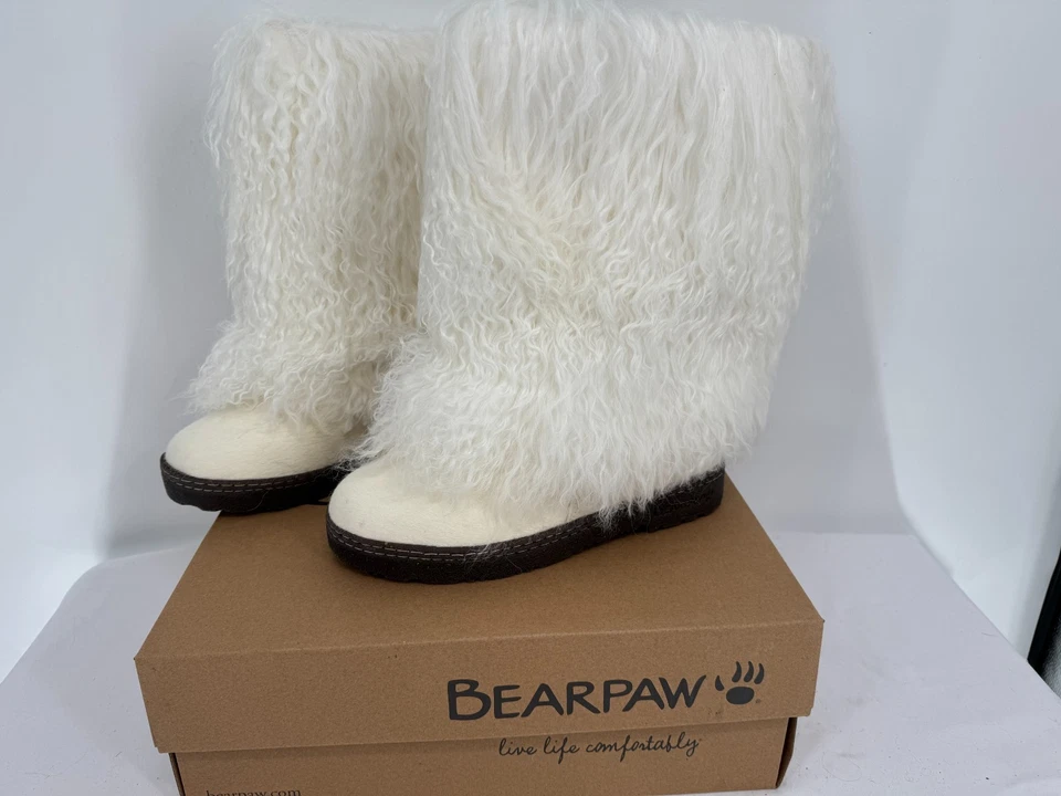 NWT BEARPAW Canada Boetis II White Mongolian Fur Sheepskin Wool Boots Sz 9 M - Image 2 of 4